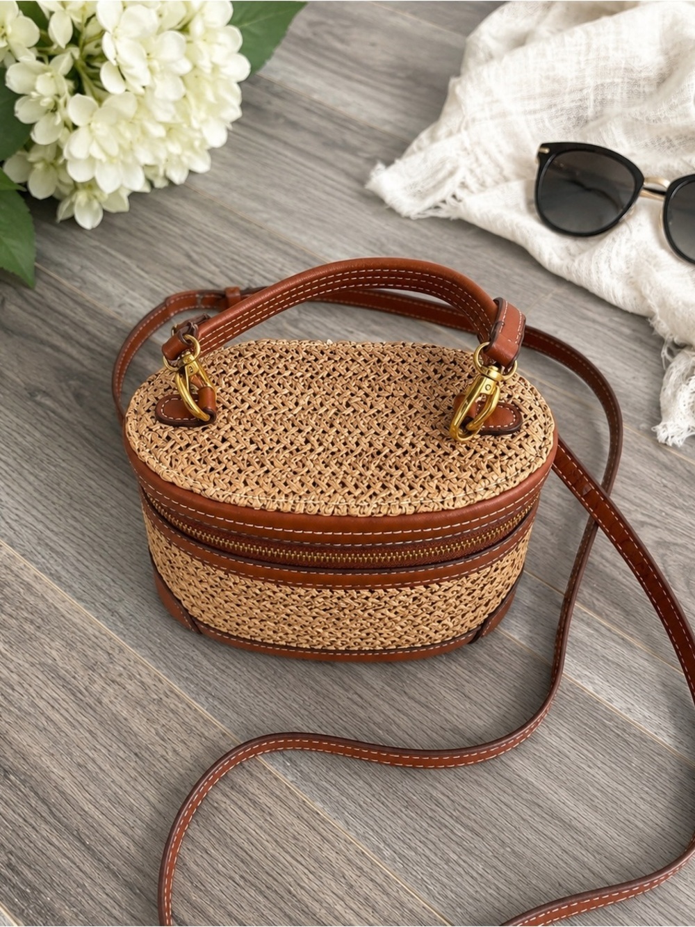 Woven Straw & Brown Leather Crossbody Bag | Summer Purse